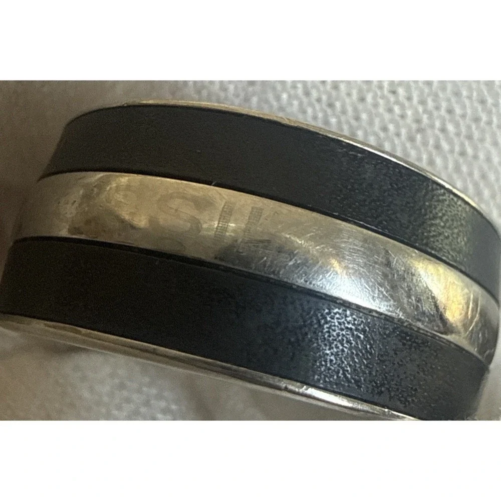 Mens Vintage Stainless Steel Cross Band Ring Black Leather Inlay Religious Sz 6